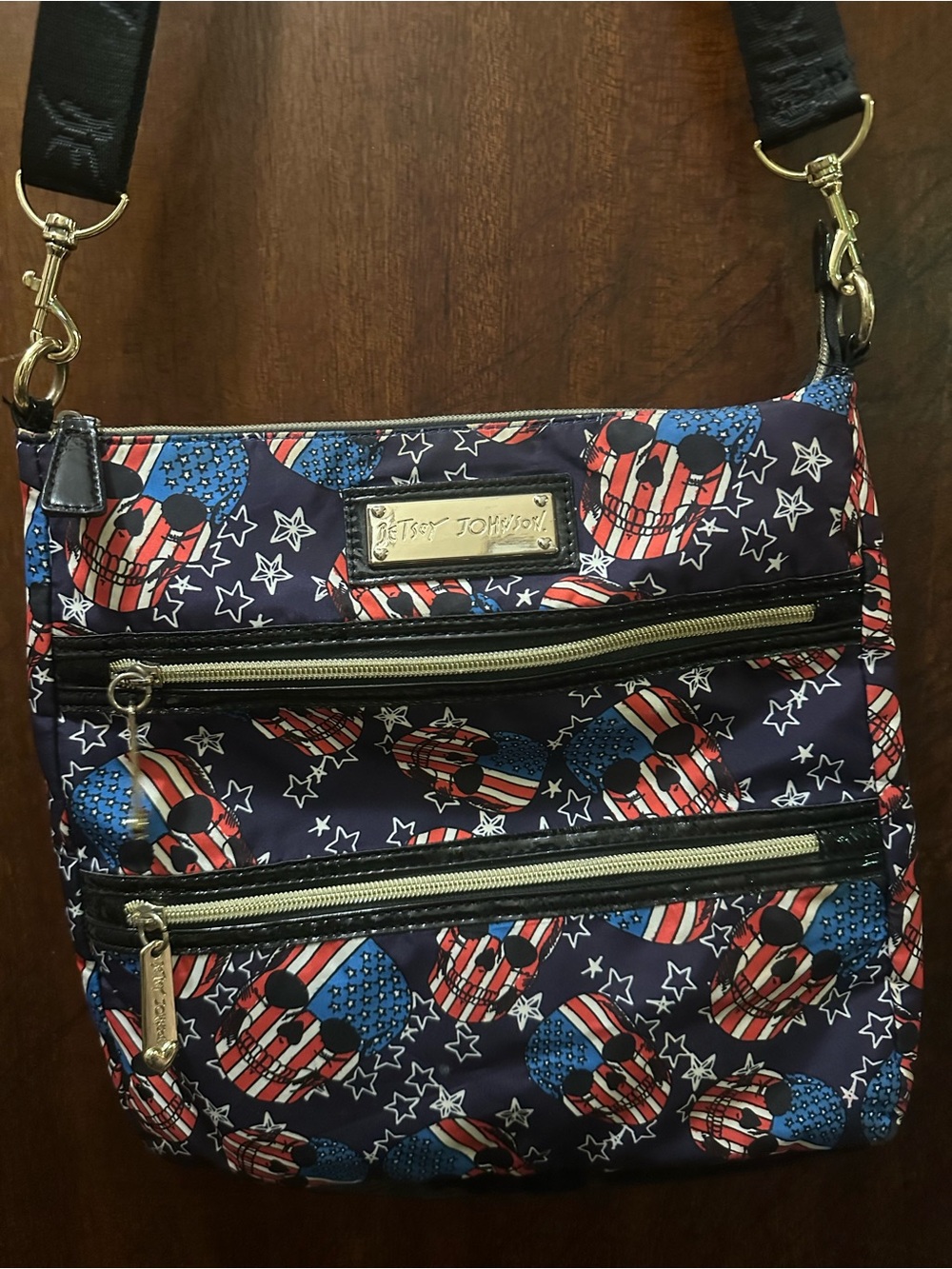 Betsey Johnson Navy Patriotic American Flag and Skull Crossbody Bag